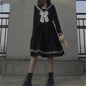 Bow Patchwork Loose ALine Fashion KneeLength Cute Empire Preppy Style Japanese Allmatch Black School Uniform 240301