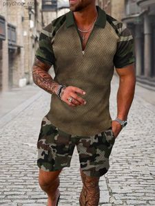 Herrspårar Fashionabla Summer Mens Short Sleeved Polo Shirt Set Sports Jacket Camouflage Clothing 2-Piece Casual Set Street Clothing Q240314