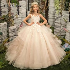 Sukienki dla dziewczynek szampana sukienka kwiatowa 2024 warstwy marszczenia mini pigwy urodzinowy suknia urodzinowa ślub formalny konkurs córka Princess Sweet 15