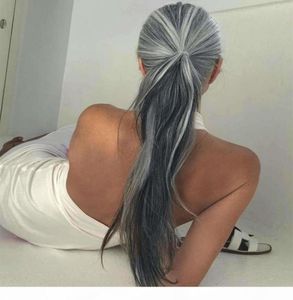 Frauen lange gerade Wrap-Around-Pferdeschwanzverlängerung Echthaarteil Clip-in-Haarverlängerungen gerade silbergraue Pferdeschwänze Chea9746712368