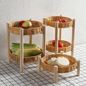 Cesti MiFuny Cestini in rattan fatti a mano Doppio piano Piatto di frutta Casa Soggiorno Cestino per snack Vassoio per torte da tè Cestini portaoggetti Organizzatore