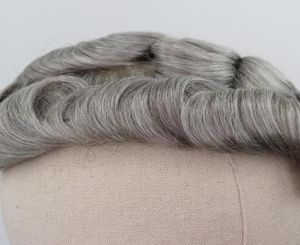 Brunt blandat grått mänskligt hår Toupee för män 5 80 Grå Remy Hair Ersättningssystem lockigt hud Men039s Toupee New82670725052432