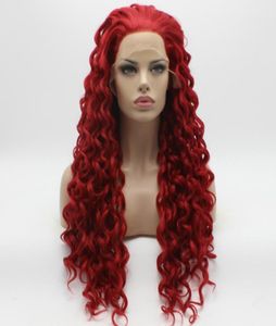 Iwona hår lockigt lång röd peruk 183100 halv hand bunden värmebeständig syntetisk spets frontfestival wig3980052