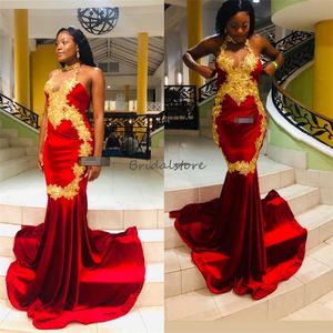 Mermaid Red Prom Dresses For Black Girls Elegant Halter Neck Gold Appliques South African Evening Dress 2024 Sweep Train Ceremony Formal Party Gowns Vestios De Galas