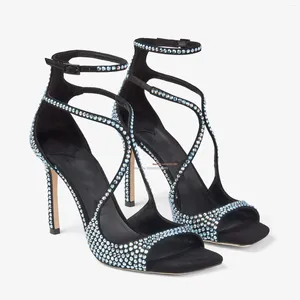 Роскошные сандалии с синими кристаллами и квадратным носком, украшенные драгоценными камнями, на высоком каблуке с блестками и завязками на каблуке, женские туфли для выпускного вечера