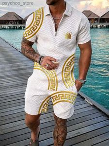 Tute da uomo Polo da uomo stampata in 3D in stile geometrico boemo con colletto ribaltabile con cerniera e pantaloncini 2 pezzi Abbigliamento da vacanza hawaiano Q240314