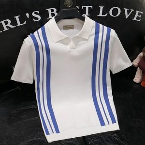 Koreańscy Mężczyźni Striped koszule polo Letni streetwear Fashion Męski odzież Wszechstronne, szczupłe krótkie rękaw luźne podstawowe topy 240306