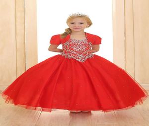 Kırmızı Prenses Balo Elbise Küçük Kızlar Pageant Elbiseleri Kısa Güzel Bolero Ceket Boncuklu Kristal Kat Uzunluğu Tül Kids Puffy P4607663