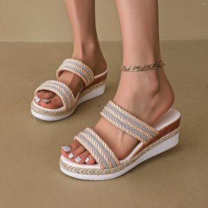 Casual Colour Summer Slippers Ladies 693 Blocking Soft Leather Woven Straw Bottom Thick Slope Heel Large Size Sandals 502