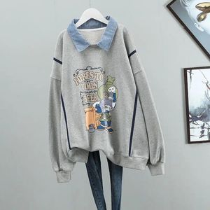 Women's T Shirts Clothing Long Sleeve Casual Ladies Printing Interior Lapping Tops Autumn Winter Loose Pullovers Preppy Style T-Shirts