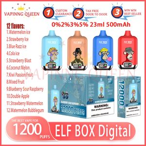 Orijinal elf kutusu dijital 12000 puf e sigara ekran ekranı şarj edilebilir pil 500mAh 0% 2% 3% 5% 5 tek kullanımlık vape kutusu 12K Puflar 23ml Ön Şarj Podlar Evaporatör