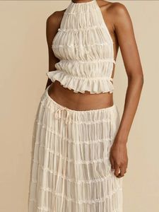 Elegant White Hang Neck Long Skirt Suit Women Backless Sling Top Lace Up Fold Maxi Skirts 2024 Spring Summer Female 2 Piece Set 240328