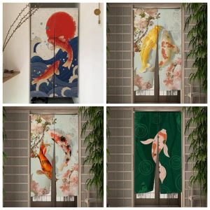 Шторы с рыбой кои, японская дверная занавеска, декор для двери столовой, льняная занавеска, драпировка, кухонная прихожая, подвесная полузанавеска