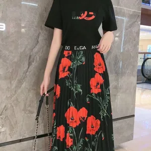 Designer women's pure cotton t-shirtversatile mid-length slim A-line skirt new women's retro printed cotton skirt high version