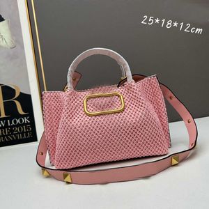 Natural Raffia Woven Tote Shopping Bag Pink Straw Beach Totes Bag V Handbag Crossbody Large Capacity Purse 240315