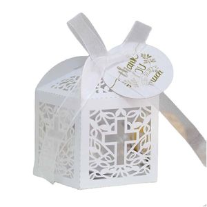 Подарочная упаковка Крест Лазерная резка Свадебные сувениры Подарочная коробка Полые коробки конфет Relius с лентой Крещение Baby Shower Декор для вечеринки Drop Delive Dhu1O