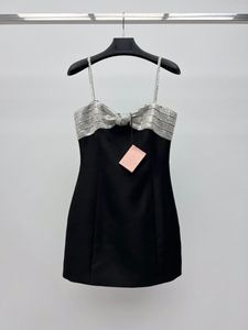 Casual Dresses 2024 Summer Runway Dress For Women Fashion Patchwork Black Sexy Ladies Silver Spaghetti Strap With Bow