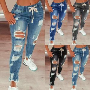 2024 hoch taillierte Distressed-Jeans mit elastischem Bund und Kordelzug für Damen