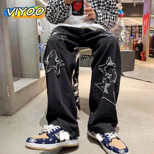 Vintage damskie męskie koreańskie spodnie dżinsowe y2k cltohes streetwear wydrukowane patchwork męskie workowate dżinsy proste spodnie dla mężczyzn 240309