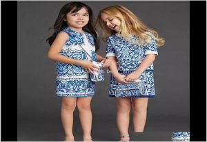 Kızlar bahar lüks büyük prenses jakard çin mavi sanat kolsuz pamuk elbise çocuk giyim çocuk yelek elbiseleri fcty1 60hmy1448551