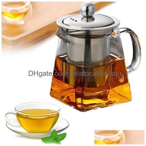 Teapots Teapot Glass With Infuser Heated Resistant Container Flower Tea Herbal Pot Mug Clear Kettle Square Filter Teaware Drop Deliv Dhrdz