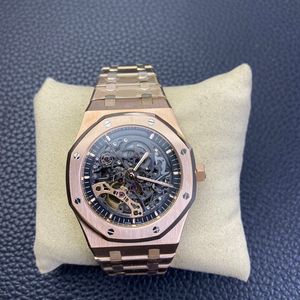 Moda de alta qualidade relógio masculino relógios pulso 41mm 15407 esqueleto luminescente rosa ouro transparente mecânico automático relógios masculinos