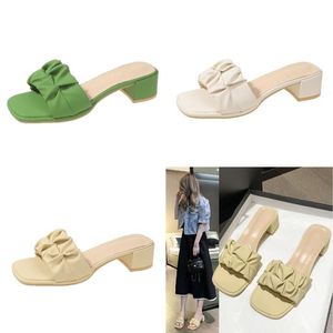 Square Head Slippers Summer New Korean Edition Fairy Thick Heel Pleated Outward Wearing One Line Super Cool Slipper Sandal