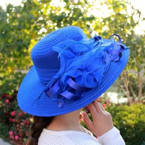 Mode Frauen Mesh Kentucky Derby Kirche Hut Mit Blumen Sommer Breite Krempe Kappe Hochzeit Party Hüte Strand Sonnenschutz Kappen A1 T200252V