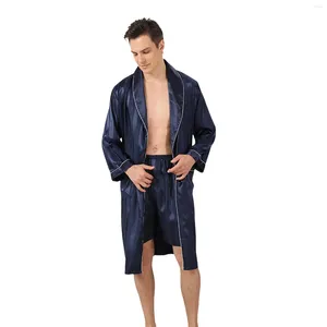 Men's Sleepwear Male Robe Satin Bathrobe With Shorts Set Wide Striped Jacquard Pajamas Silky Kimono