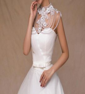 Elegant söt vintage brud spets manuella pärlor gifte koreanska set skruv i små vita sjalar bröllopsklänningar ett ord axel halsband9536914