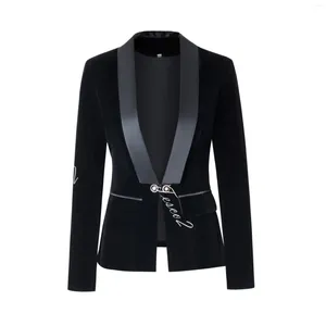 Женские костюмы Tesco, женский бархатный пиджак, черный, королевский синий, приталенный пиджак, винтажный женский топ с шалевым воротником, официальное пальто для