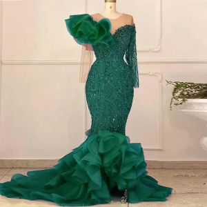 Árabe Aso Ebi Renda Verde Sereia Vestidos de Baile Sheer Neck Mangas Compridas Plus Size Noite Formal Festa Segunda Recepção Vestidos