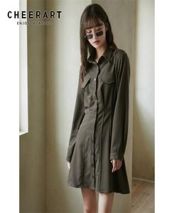 Autum Button Up Tutic Shirt Dress Women Long Rleeve A Line Coolery Army Green Mini Going Out 2104298656664