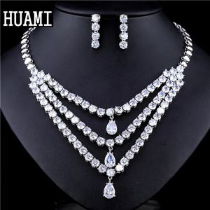 Huami Adaggeration Three Chain Pendant Necklace Dangle Drop earrings Set Bridal Wedding Top Quality aaa zircon Jewelry 240228