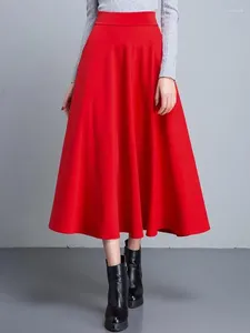 Saias preto outono elegante plissado saia longa para mulheres cintura alta vermelho vintage plus size a-line versátil festa moda