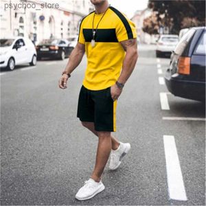 Tracki męskie Nowy letnie męskie moda swobodna moda Wygodna odzież sportowa 2-częściowa odzież uliczna prosta wzór Crewneck krótkie rękawy Q240314