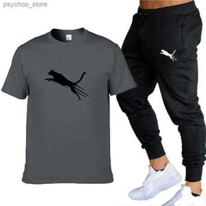 Men's Tracksuits New Summer Mens T-shirt Set Printed 2-piece Set Short sleeved Fashion T-shirt Long Pants Set Mens Clothing Q240314