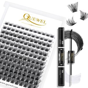 Quewel 144pcs DIY küme kirpikler önceden yapılmış hacim fan kirpik kiti bağı ve mühür kirpik tutkal uzun ömürlü su geçirmez su geçirmez makyaj 240301