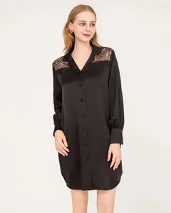 女性用スリープウェア品質のピュアシルク22ママレースナイトシャツ桑の夜のドレス