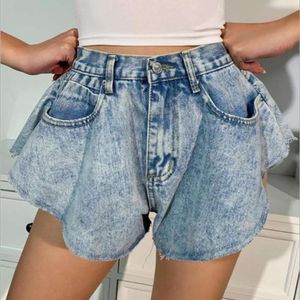 Verão novo shorts jeans feminino irregular cintura alta plissado borda flare calças