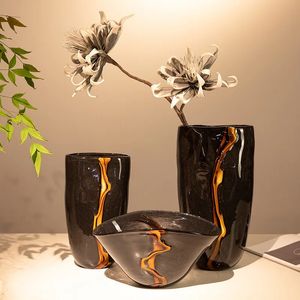 Black Glass Vase Crack Water Ripple Flower Pot Floral Arrangement Accessories Flowerpot Terrarium Room Decoration 240306