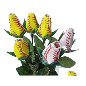 Collectable Baseball Softball Leather Roses Yellow Red Stitching Seam Graduation Gift Rose Flower Connectors Drop Delivery Sports Ou Dhcr6