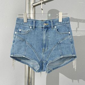 Women's Shorts High-waisted Denim Heavy-duty Rhinestone Chain Tassel Patchwork Block Design Casual Fashion 2024 Summer 0408