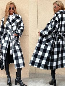 Casacos de trincheira femininos preto e branco casaco xadrez moda lazer mangas compridas lapela cinto simplicidade outono inverno