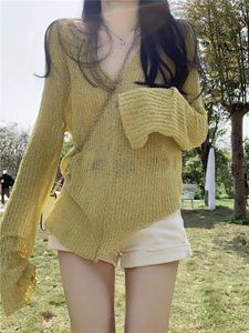 Women's Sweaters Casual Fashion Chic All-match Breathable Loose Pure College Korean Style Knitted V-neck Sun-proof Pullovers Women Irregular