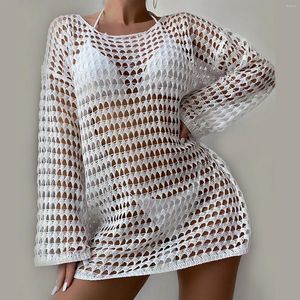 Sexy Knitted Hollow Out Swimsuit Cover-Ups Women Long Sleeve Crochet Bikini Swimwear Holiday Beach Cover-Up Bathing Suit Biquini