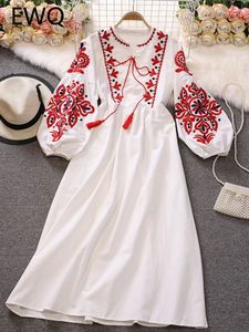 EWQ Sweet Style Y2K Women Nice Foreve Dress Brodery O-Neck Bandage Long-Sleeve White Dresses Womens Spring Summer 240311