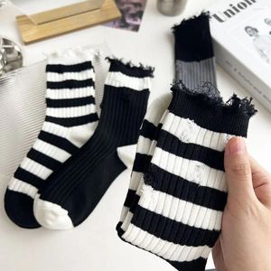 Women Socks Black And White Striped Ripped Women's Mid-tube Personality Fashion With Summer Sweat Absorbent Cotton