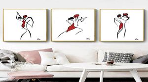 Astratta moderna Danza Coppia Wall Art Tela Pittura Nordic Minimalista Linea Disegno Arte Pittura BlackWhiteRed Poster per Ho4938005