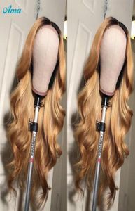 ハイライトウィッグヒューマンヘアボディウェーブレースフロントウィッグハニーブロンドブラウンカラーT1B 27女性用のオンブルクロージャーRemy72710638531328